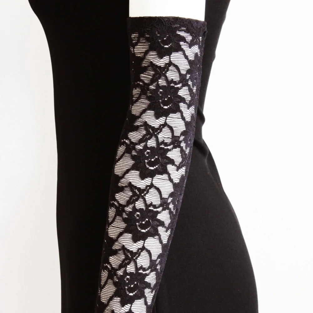 Vintage Opera Gloves Black Lace Floral Pattern Attributed to Norma Kamali OSFM